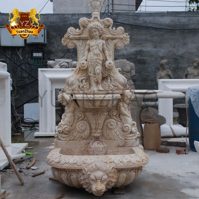 High Skilled Garden Beige Marble Lion Head and Cupid Angel Sculpture Wall Fountain Indoor Marble Waterfall Fountain