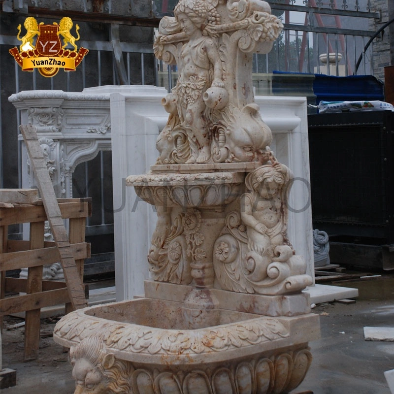 High Skilled Garden Beige Marble Lion Head and Cupid Angel Sculpture Wall Fountain Indoor Marble Waterfall Fountain
