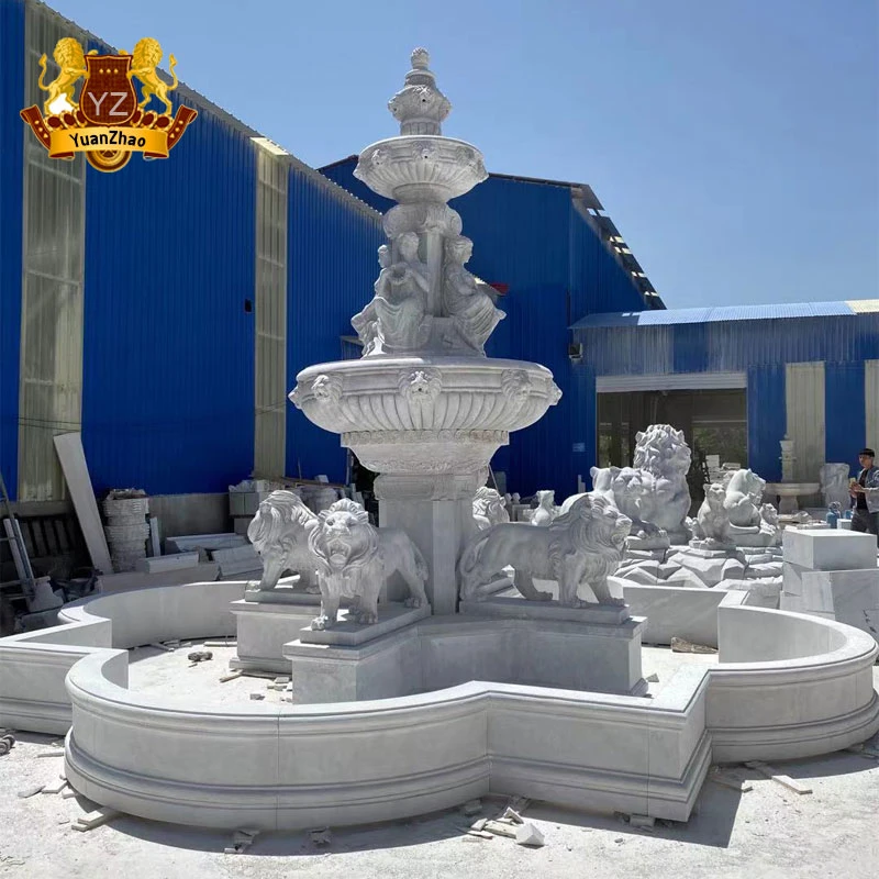 Outdoor Customized Marble Stone Hand Carved Lion Statue Water Fountain Large Size Sculpture Statue Tiered Marble Fountain