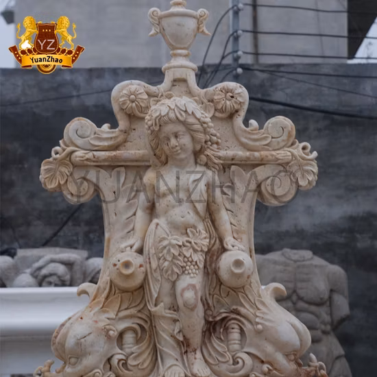 High Skilled Garden Beige Marble Lion Head and Cupid Angel Sculpture Wall Fountain Indoor Marble Waterfall Fountain
